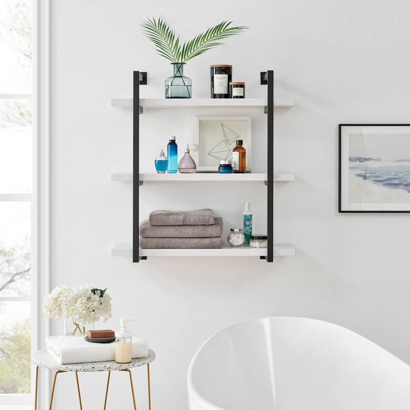 Danya B. Modern 3-Tier Hanging Bracket Wall Shelves in Black Metal and White Birch Finish