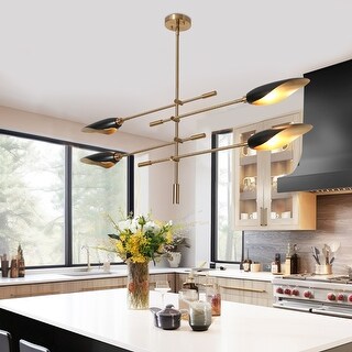 Modern 4-Light Black Gold Linear Chandelier Metal Pendant Lights for Dining Room - 48 X 5.5 X 19.3