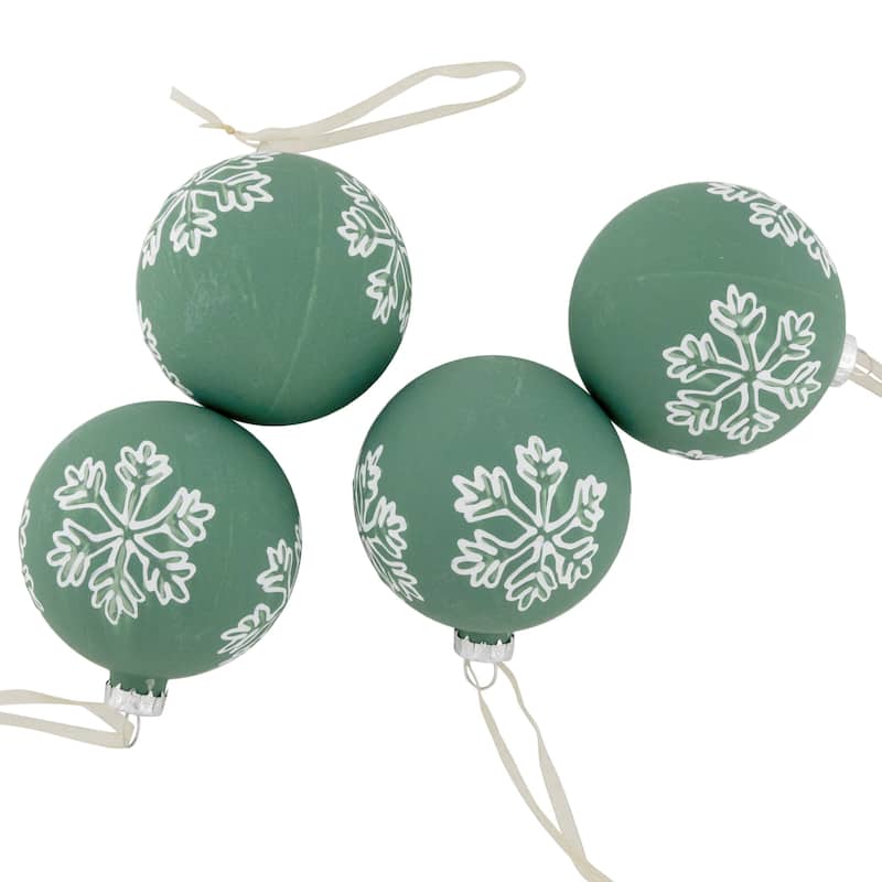 4ct Green Glass Christmas Ball Ornaments with White Snowflakes 3" (80mm)