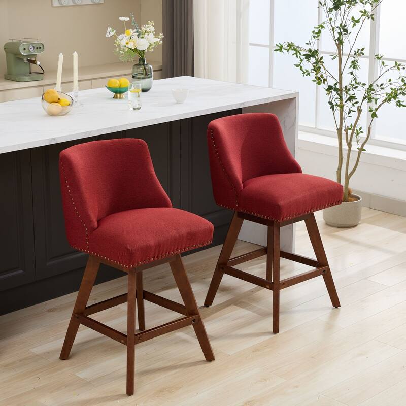 Counter Height Bar Stools Set of 2, Swivel Bar Stools with Curved Back, Upholstered Dining Chairs with Solid Wood Legs