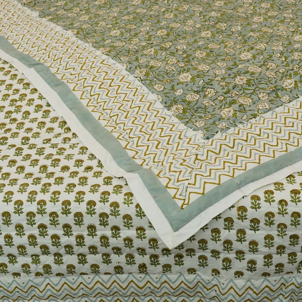 Fabdivine Hand Block Print Blue Green Floral Organic Cotton Quilt - Natural Boho Decorative Bedding, Reversible Handmade Design