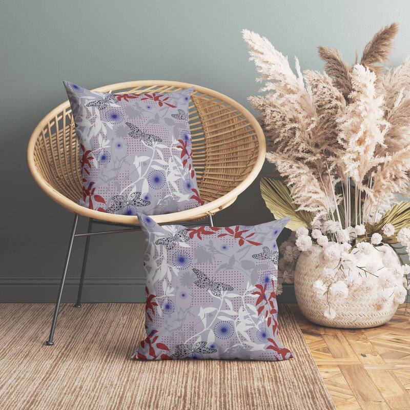Butterfly Floral Orbit Indoor/Outdoor Reversible Throw Pillow Red and Blue