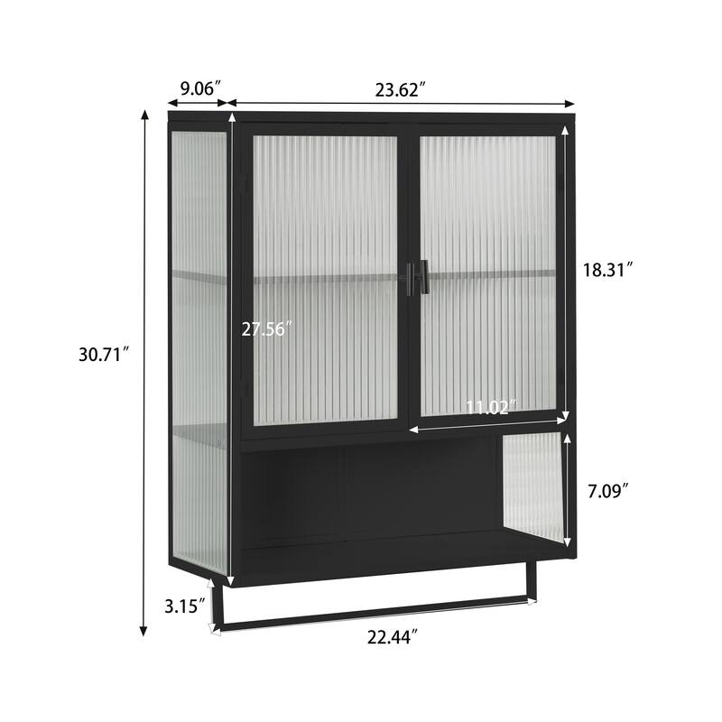 Glass Door Double Door Wall Cabinet with Towel Rack and Open Shelving