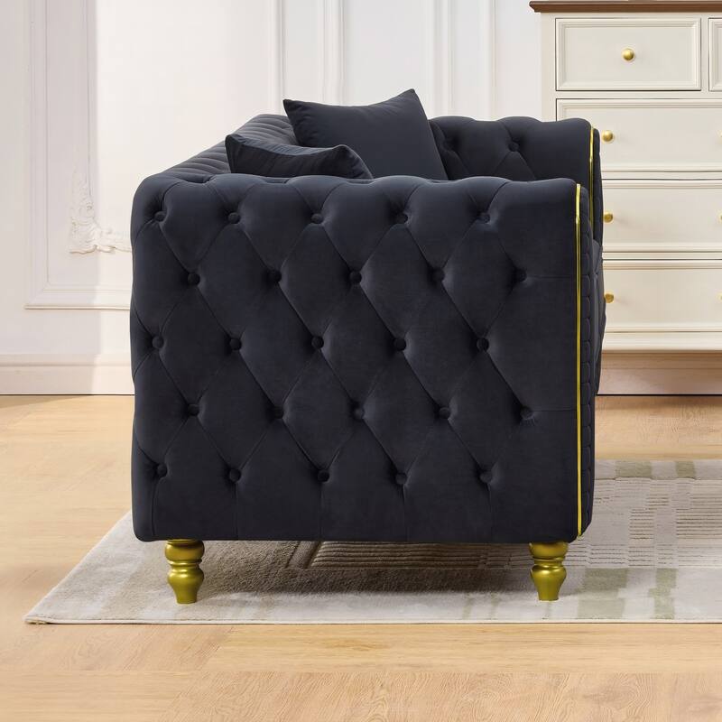 Roomfitters 86" and 63" Modern Tuxedo Chesterfield Sofa and Loveseat Set with Gold Trim, Button Back 2-Piece Couch Set