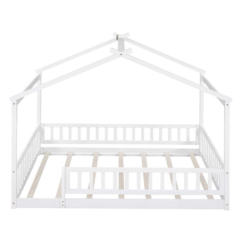 Full Size House Bed with Roof and Fence, Perfect for Kids' Play and Sleep