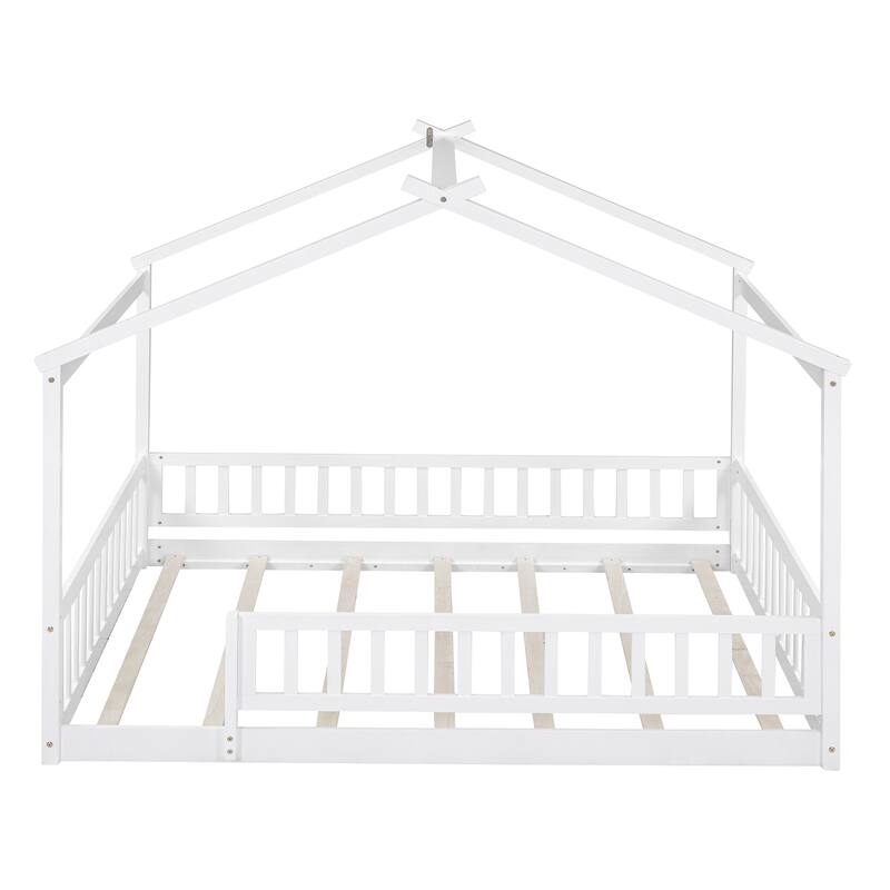 White Full Size Wood House Bed Frame with Roof and Fence, for Kids, Teens, Girls, Boys