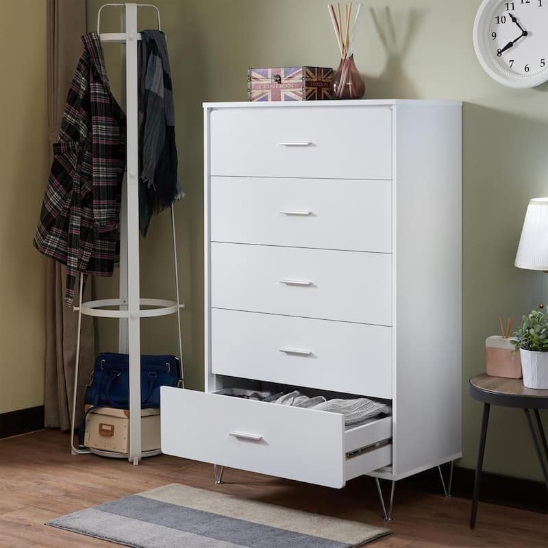 5-Drawer Solid Wood Vertical Chest, Modern Wooden Chest of Drawers with Spacious Storage Space for Bedroom, Lliving room - White