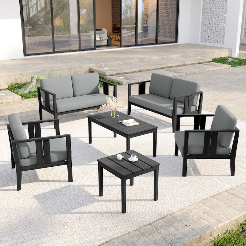Casual 6-Piece Outdoor Patio Furniture Set In Solid Teak Wood - Dark Wood - Grey