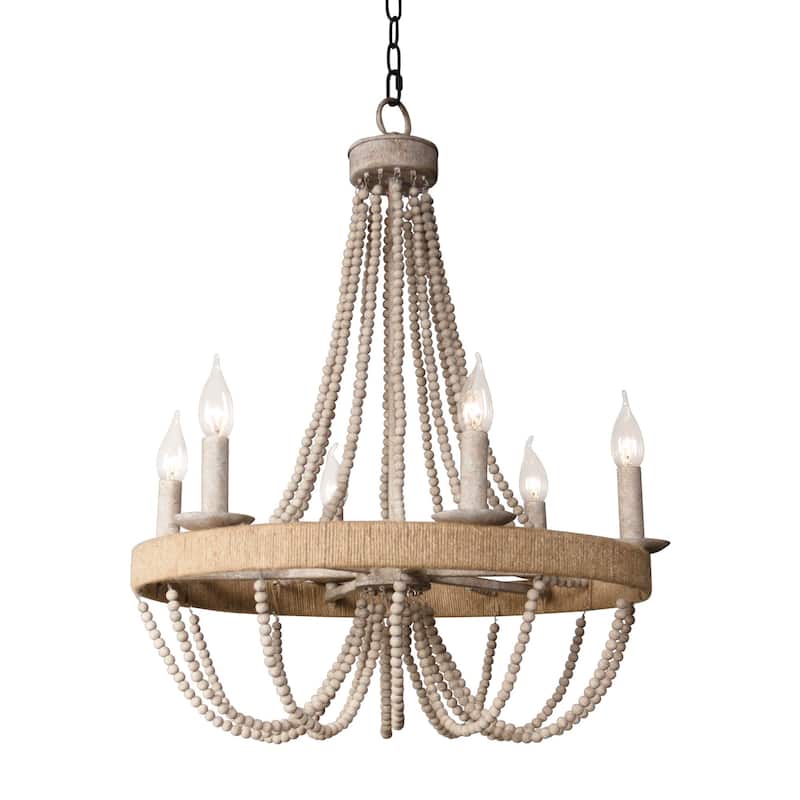 Aged Wood Beaded 6-Light Candle Chandelier