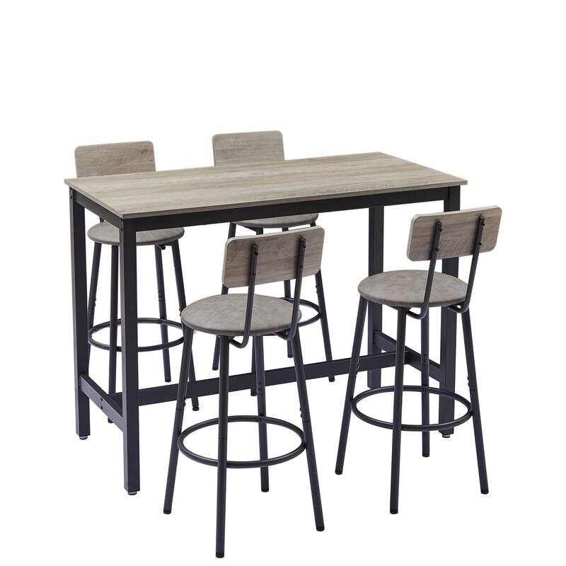 Grey Bar Table Set with 4 Bar Stools - Soft PU Seats with Backrests