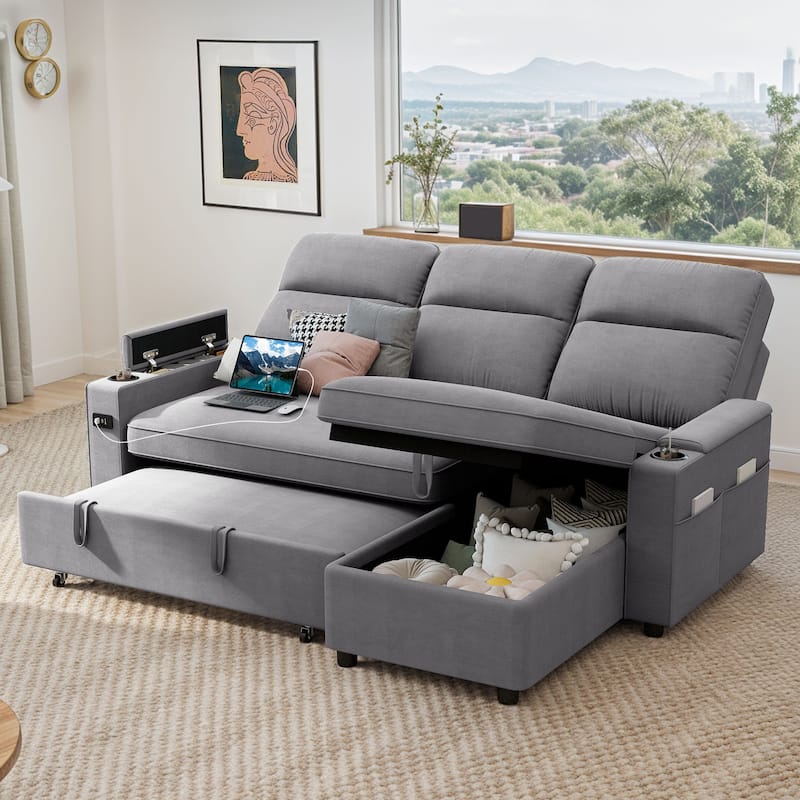Moasis 81" Sectional Sleeper Sofa with Pull Out Bed & Adjustable Backrest and Power Outlets - Grey