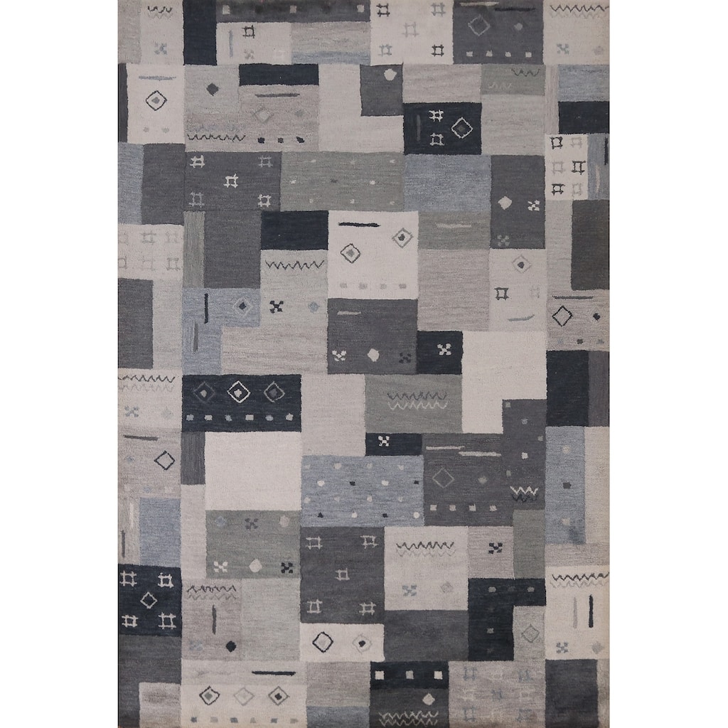 Geometric Gray Gabbeh Indian Area Rug Hand-Tufted Wool Carpet - 5'3" x 7'7"