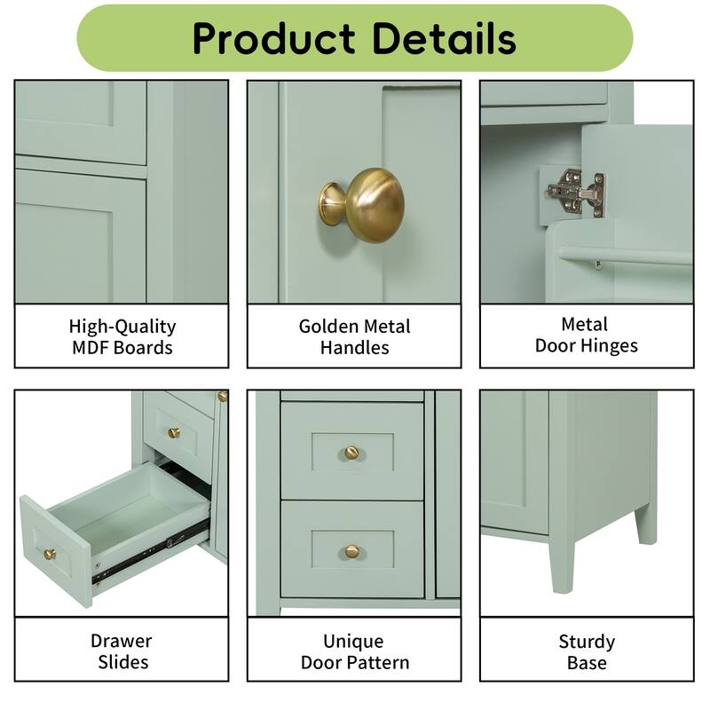 30-Inch Bathroom Vanity with Sink, MDF and Solid Wood Cabinet, 3 Drawers and Adjustable Shelf, Freestanding Design