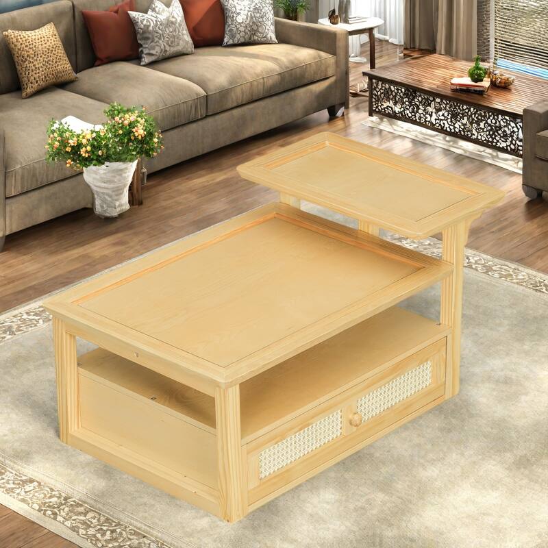 38.5" MDF Coffee Table with Rattan Drawer, Dual MDF Tabletops and Storage Shelf - Natural