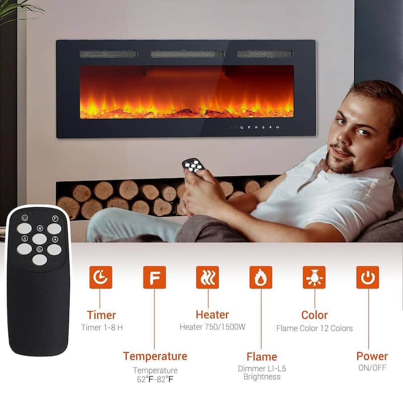 40Inch Recessed Electric Fireplace Heater with Timer, Touch Screen - N/A