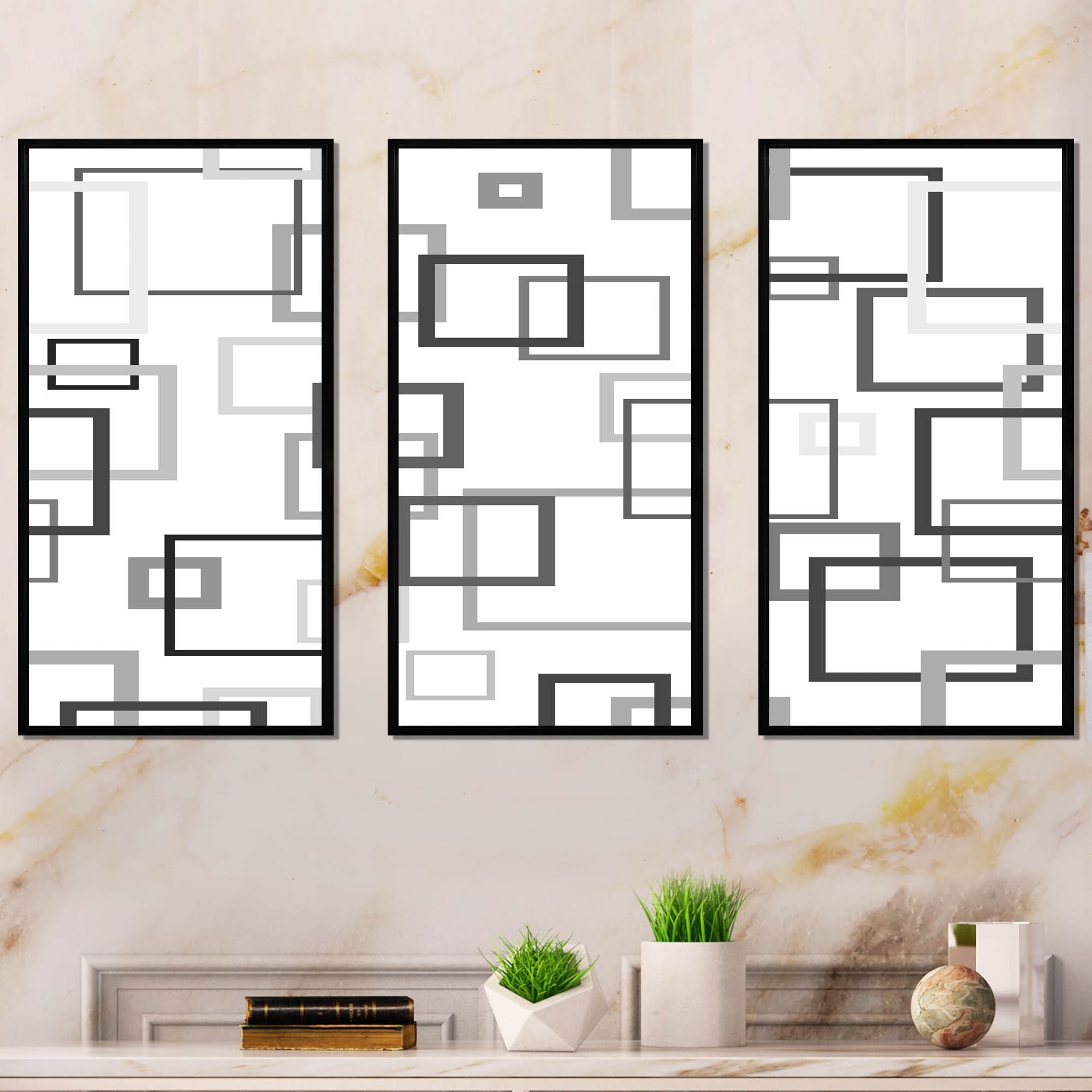 Designart "Abstract Retro Design II" Mid-Century Modern Framed Art Set of 3 - 4 Colors of Frames