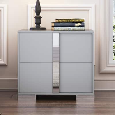 Grey Mirrored Nightstand with Elegant Metal Handle