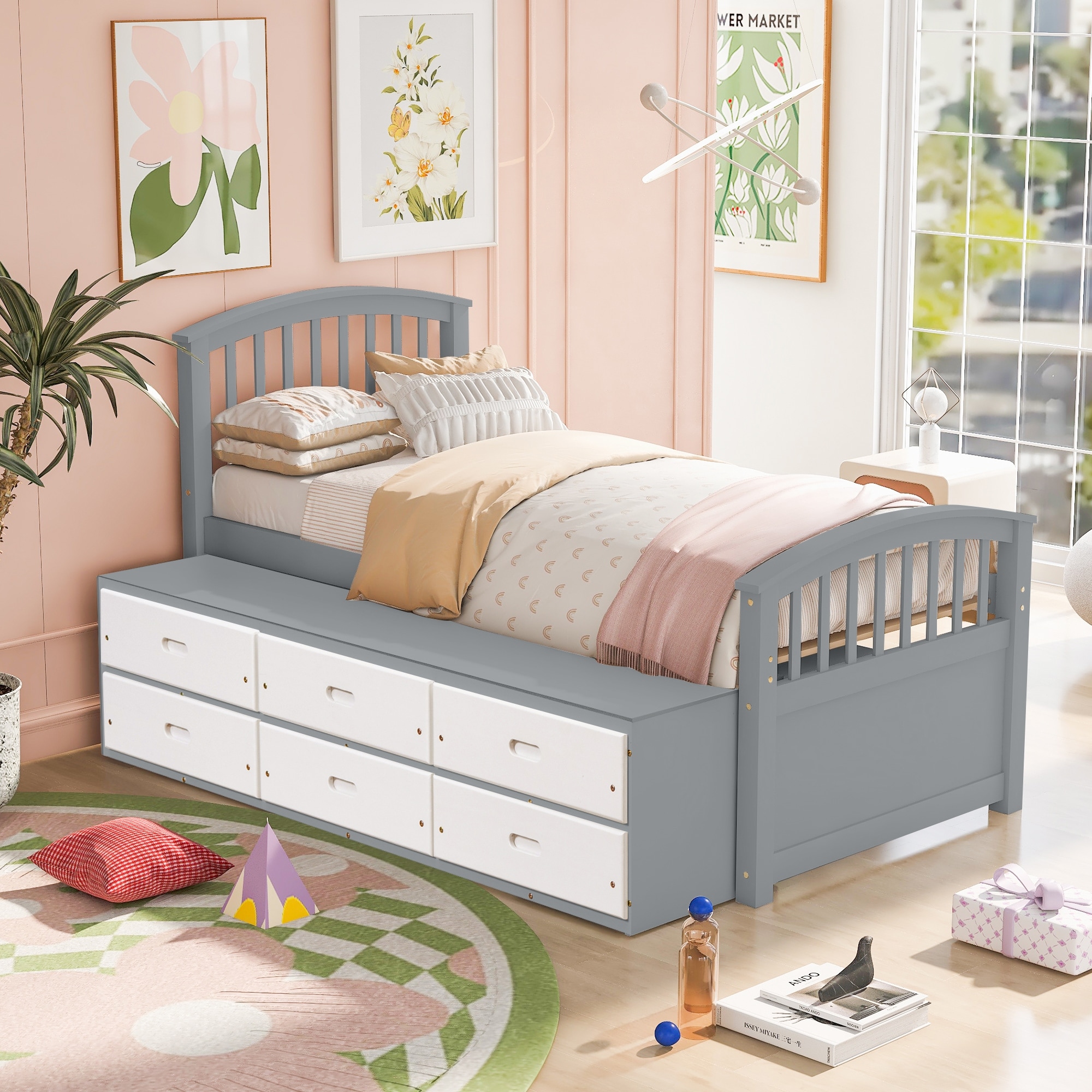 Twin Size Platform Storage Bed Solid Wood Bed with 6 Drawers