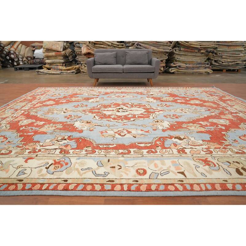 Hand Knotted Oriental 100% Wool Carpet Transitional Medallion Navy Blue & Blues Oushak Area Rug - 13' 6'' X 11' 2''