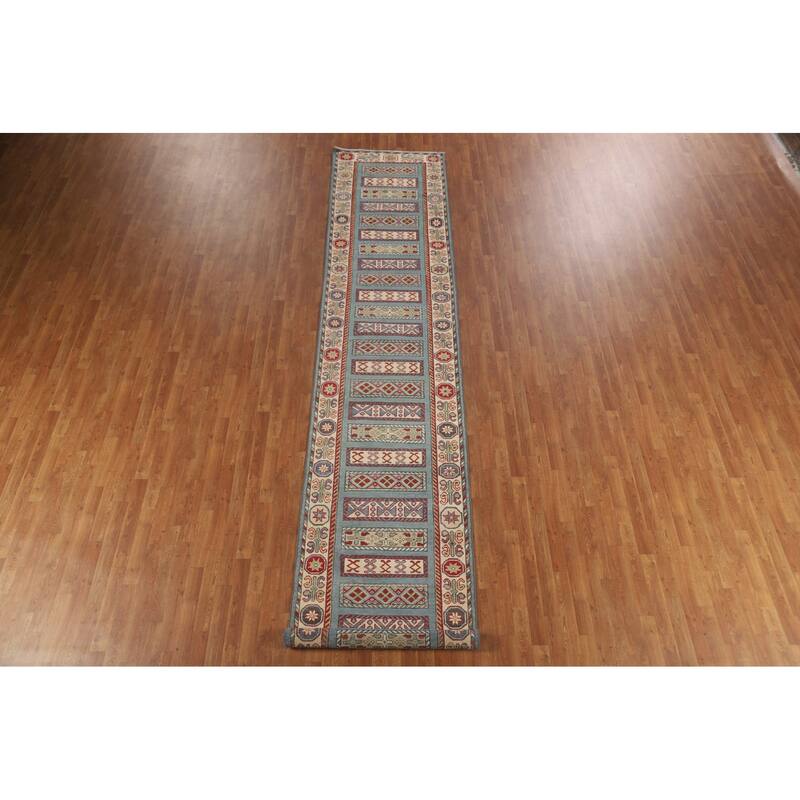 Kazak Runner Rug Handmade Blue Wool Carpet - 3'2" x 16'4"