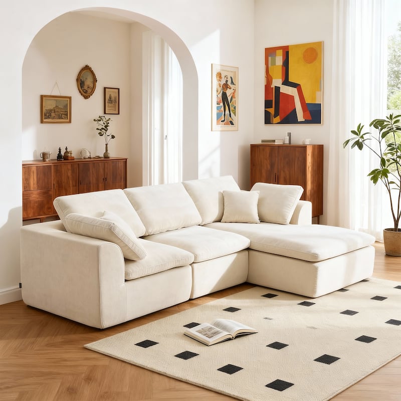 Modern L-Shaped Sectional Sofa with Chaise Lounge,Modern Minimalist Style Corduroy Couch - Beige
