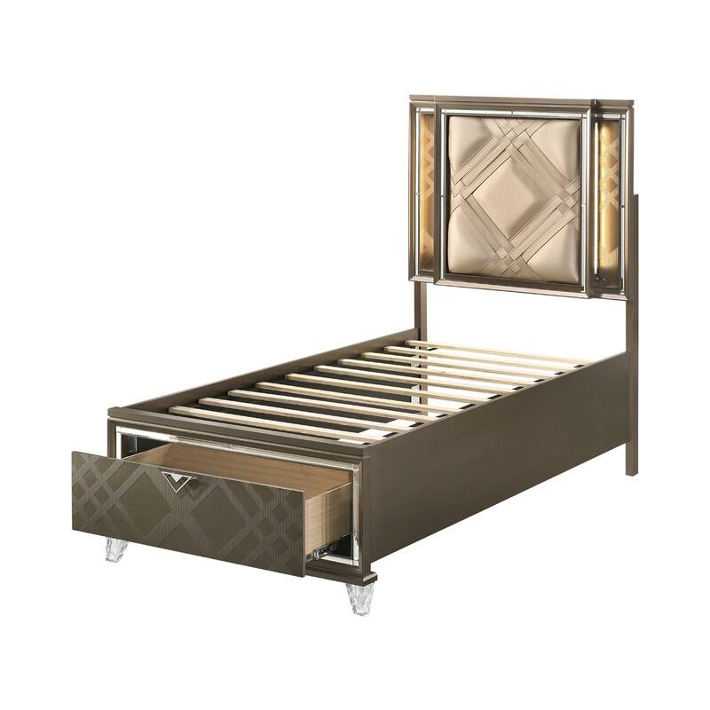 Faux Leather Bed with 2 Drawers in Dark Champagne Finish