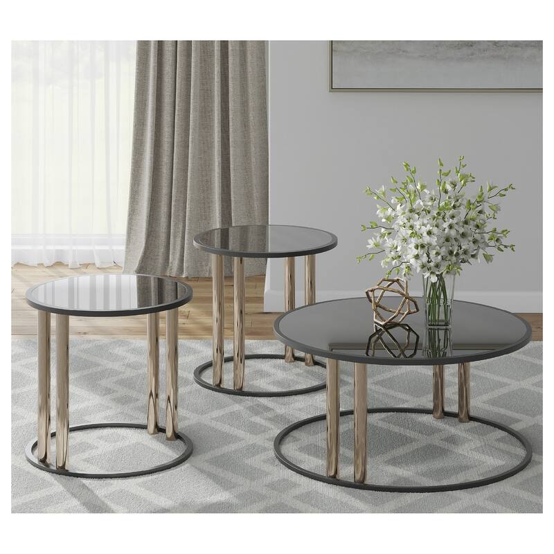 Signature Design by Ashley Hannerly Black/Gold Finish Table (Set of 3) - 36"W x 36"D x 18"H - 36"W x 36"D x 18"H - Black/Gold - Glass