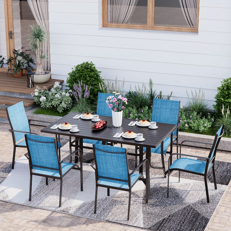 5/7/9-Piece Outdoor Patio Dining Set with Stackable Textilene Chairs and Slatted Table, Furniture with Adjustable Umbrella Hole