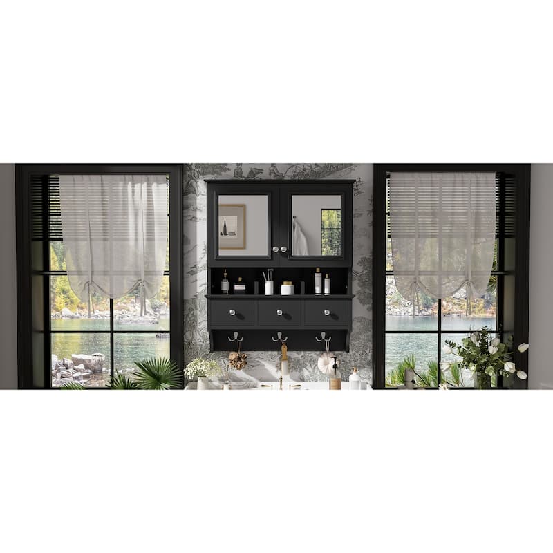 4-in-1 Bathroom Mirror Cabinet,24"Wall Mounted Medicine Cabinet with Drawers & Organizer Hooks,High-Define Mirrors with Storage