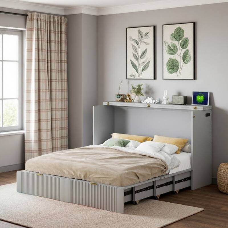 Space-Saving Queen Size Murphy Bed with Drawer, USB Ports, and Pulley Mechanism, Convertible Wall Bed with Flexible Slats - Gray - Queen