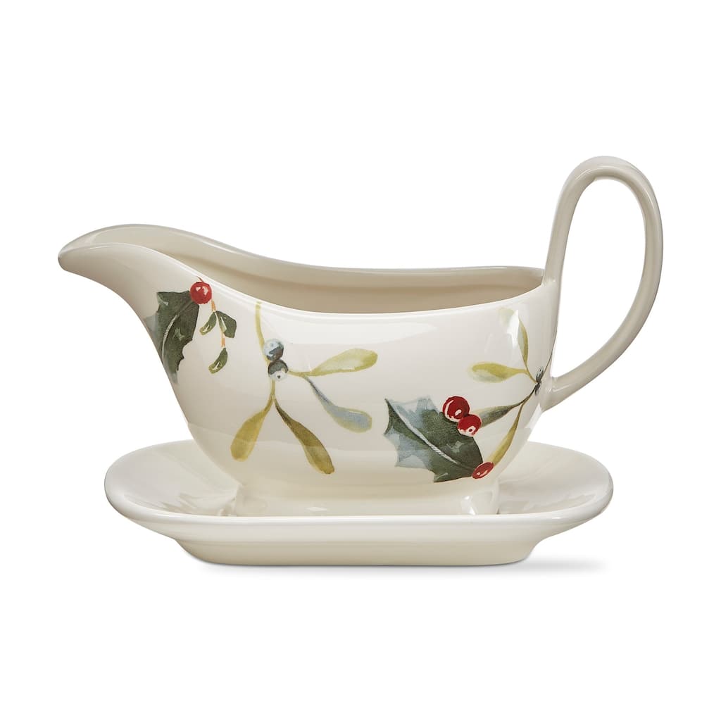 Winter Sprig Ceramic Gravy Boat & Saucer Set - 12oz Capacity, Dishwasher Safe, Multicolor Kitchen Serving Accessory