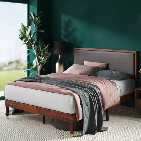 Priage by ZINUS Brown Wood Platform Bed Frame with Adjustable Upholstered Headboard