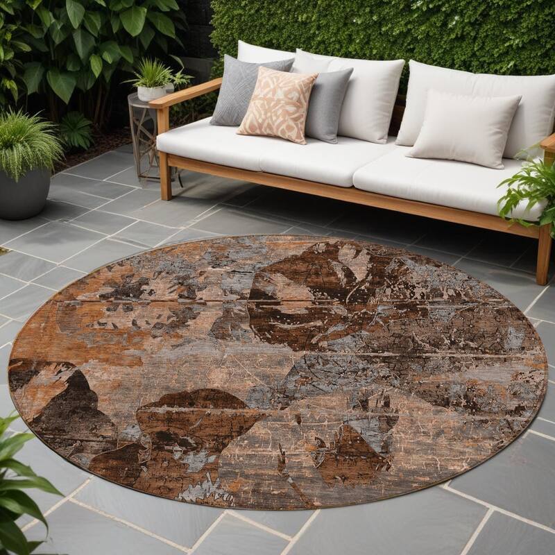 Rane Botanic Elegance Weather Resistant Timeless Fusion Outdoor Rug - 8' Round - Brown