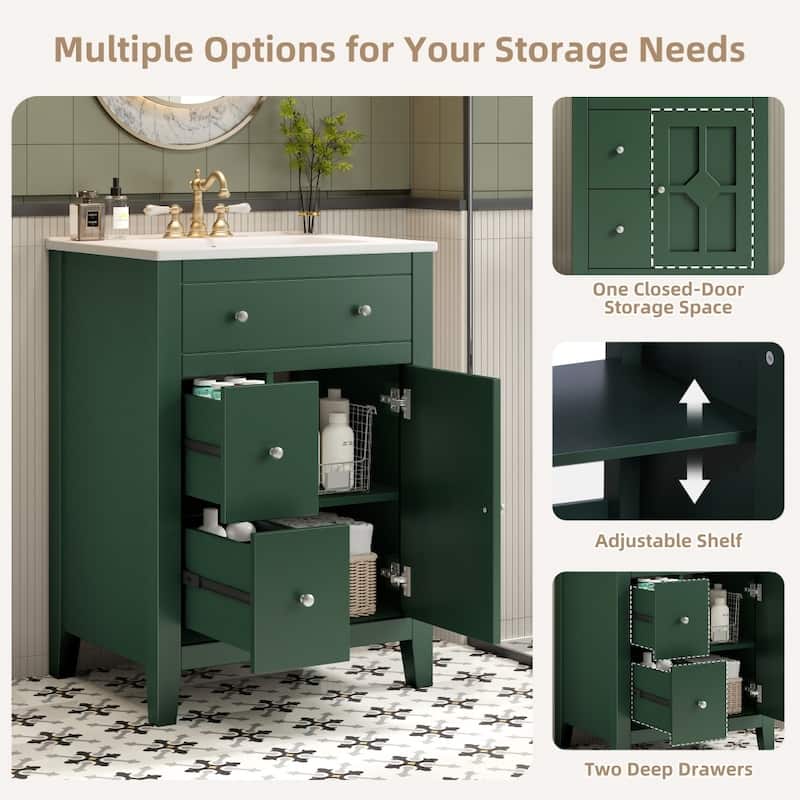 24" Modern Bathroom Vanity with Ceramic Basin,2 Drawers