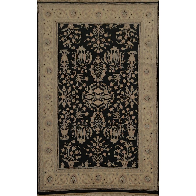 Hand Knotted Oriental 100% Wool Carpet Traditional Floral Black Agra Area Rug - 8' 7'' X 5' 9''