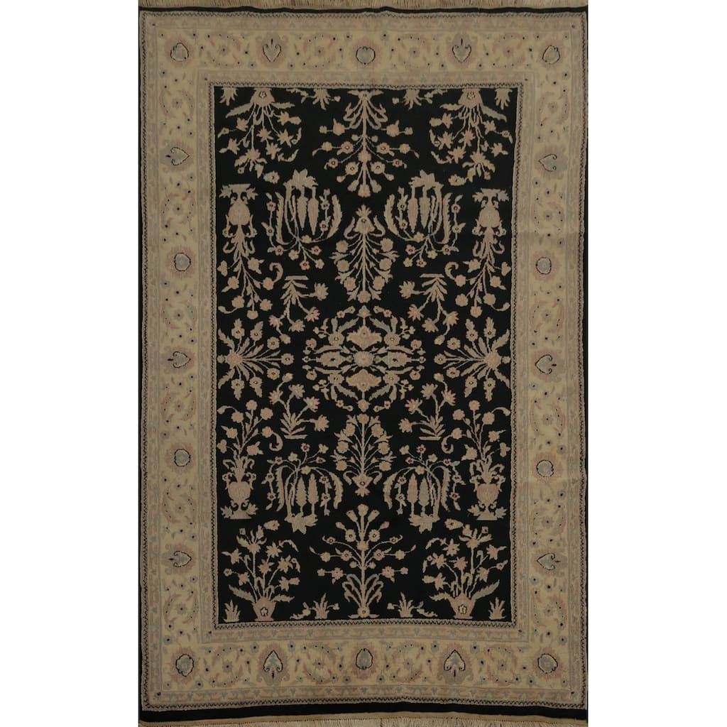 Hand Knotted Oriental 100% Wool Carpet Traditional Floral Black Agra Area Rug - 8' 7'' X 5' 9''