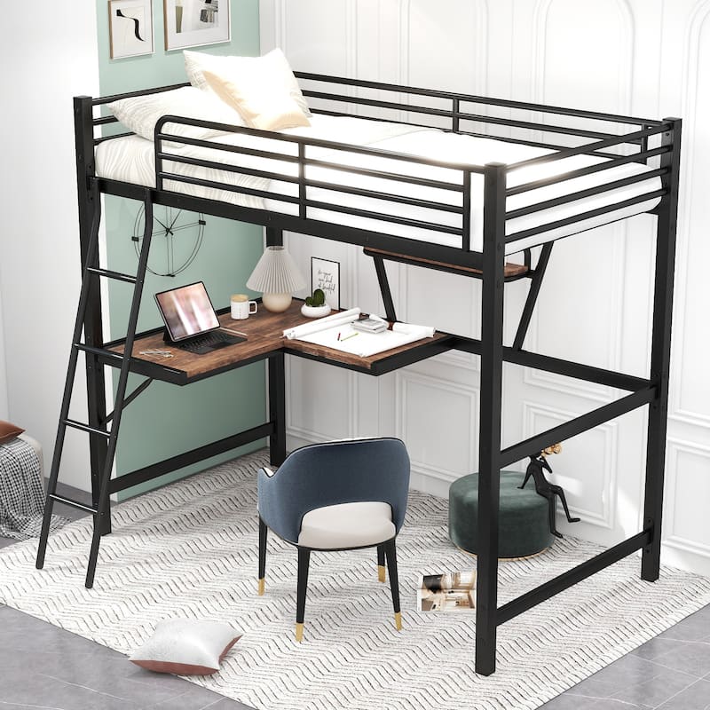 Metal Loft Bed with Integrated Desk, Shelf, and Full-Length Guardrail