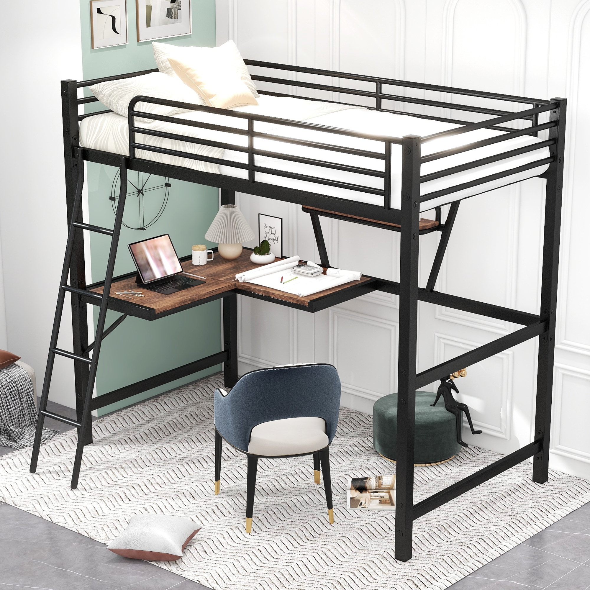 Loft bed with outlet l shaped desk