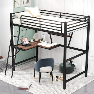 Twin Size Loft Metal & MDF Bed with Desk and Shelf