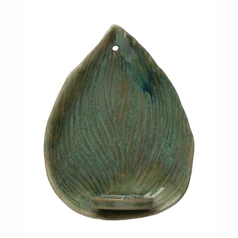 Stoneware Leaf Candle Holder Wall Sconce, Green Reactive Glaze