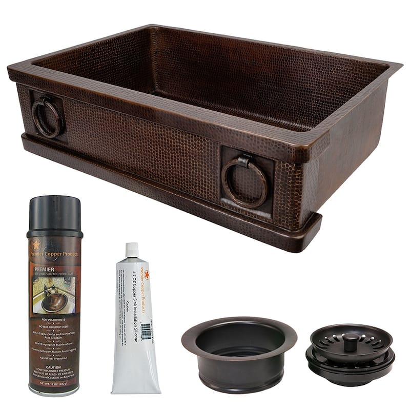 33-in Hammered Copper Kitchen Apron Single Basin Sink w/ Rings with Matching Drain and Accessories (KSP3_KASDB33229R)