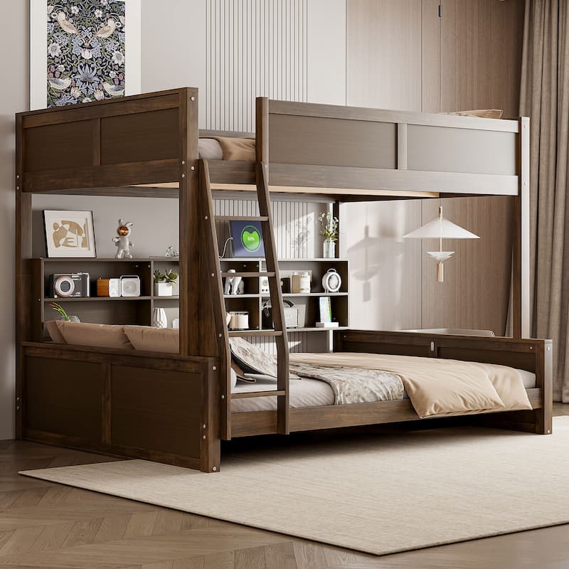 Twin&Full XL over Queen Bunk Bed with Storage Cabinets and USB Ports