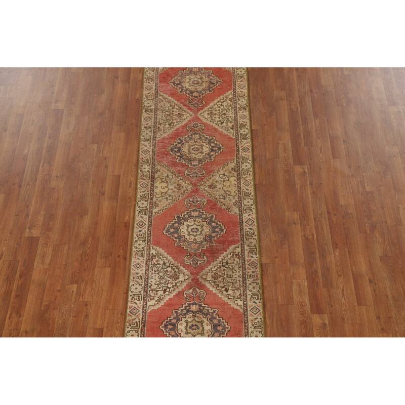 Geometric Tabriz Persian Vintage Runner Rug Handmade Wool Carpet - 2'4"x 8'6"