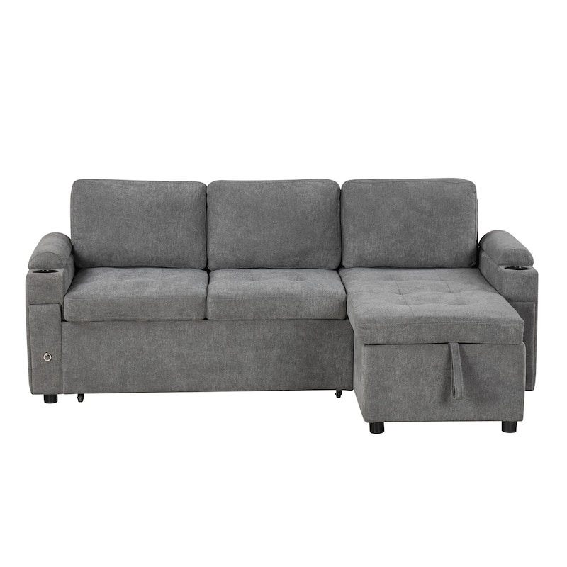 83.5" Chenille L-Shaped Sectional Sofa with Convertible Bed & Storage