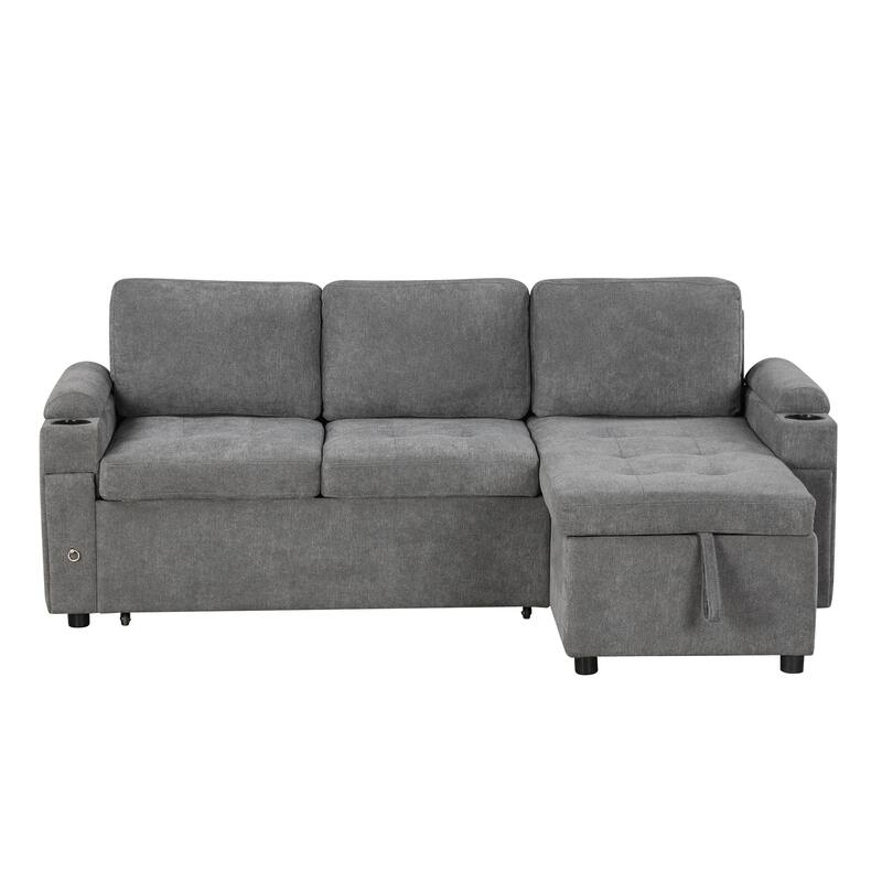 83.5" L-shaped Sofa Couch Convertible Sofa Bed Sectional Sofa with Ample Storage Space, Two Cup Holders and Two USB Ports