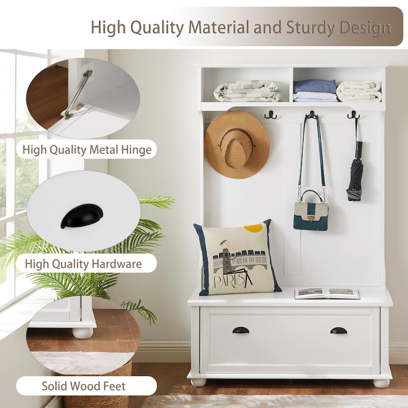 40" Hall Tree with Shoe Rack Bench and Coat Hooks, Entryway Bench with Open Shelves and Shoe Cabinets