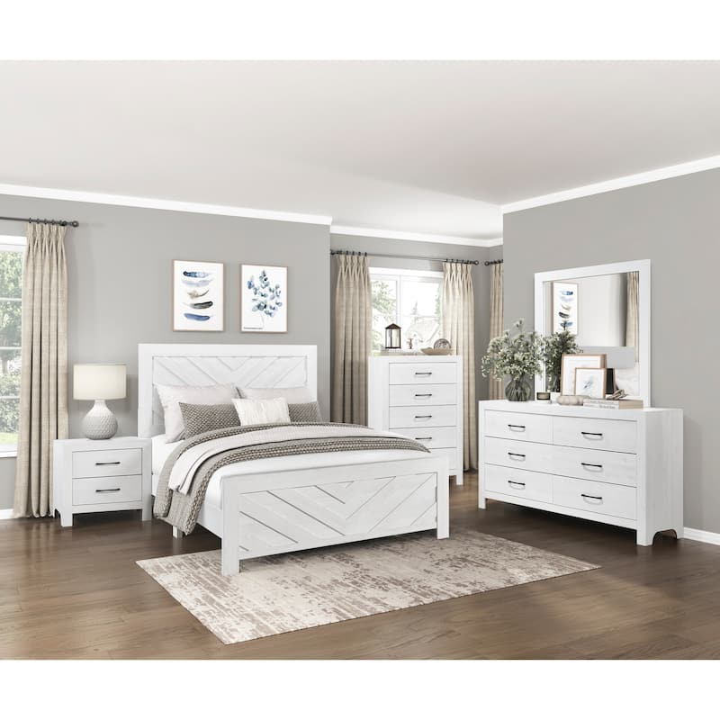 Modern White Queen Size Panel Bed with V-Pattern Design, Ships in One Box