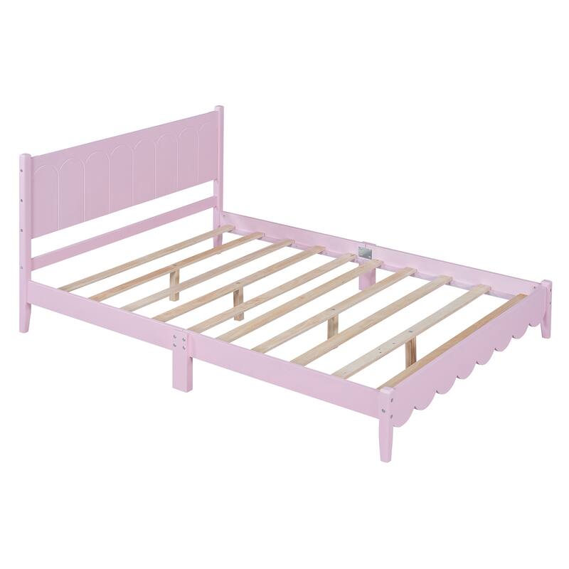 Wood Platform Bed Frame, Retro Style Bed with Rectangular Headboard