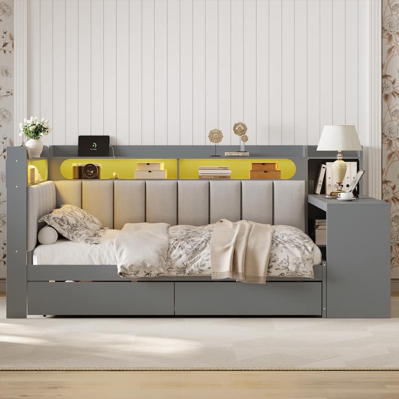 Full Daybed with Storage Shelves Built-in Charging Station LED Light, L-shape Upholstered Sofa Bed with 2 Drawers, Cabinet, Desk