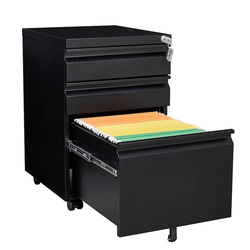 3-Drawer Mobile Filing Cabinet With Lock, Office Storage Filing Cabinet Of Legal/Letter Size, Metal Filing Cabinet